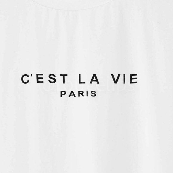 White Graphic French Text Print Tee Shirt Short Sleeve Crew Neck - Picture 5 of 17